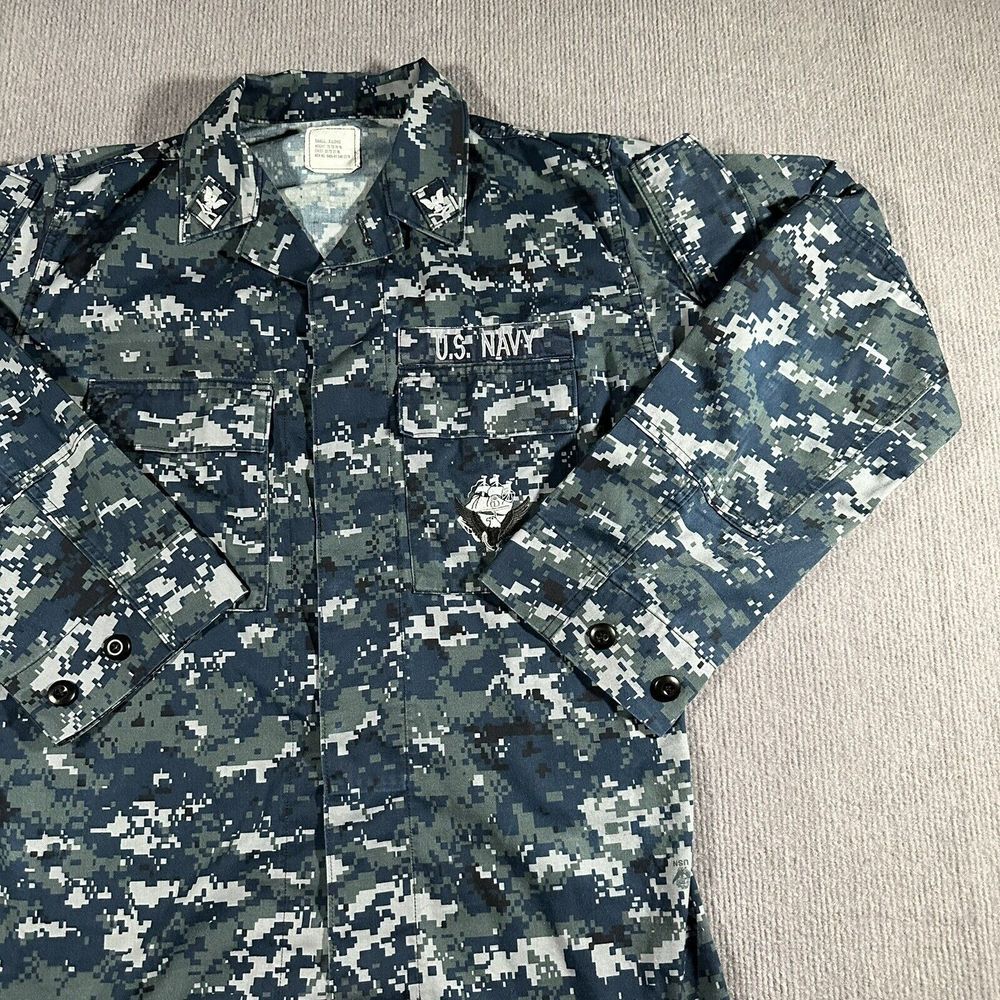 US Navy Uniform Digital Camo Blue Button Up‎ Shirt Mens Size Small X-Long USA